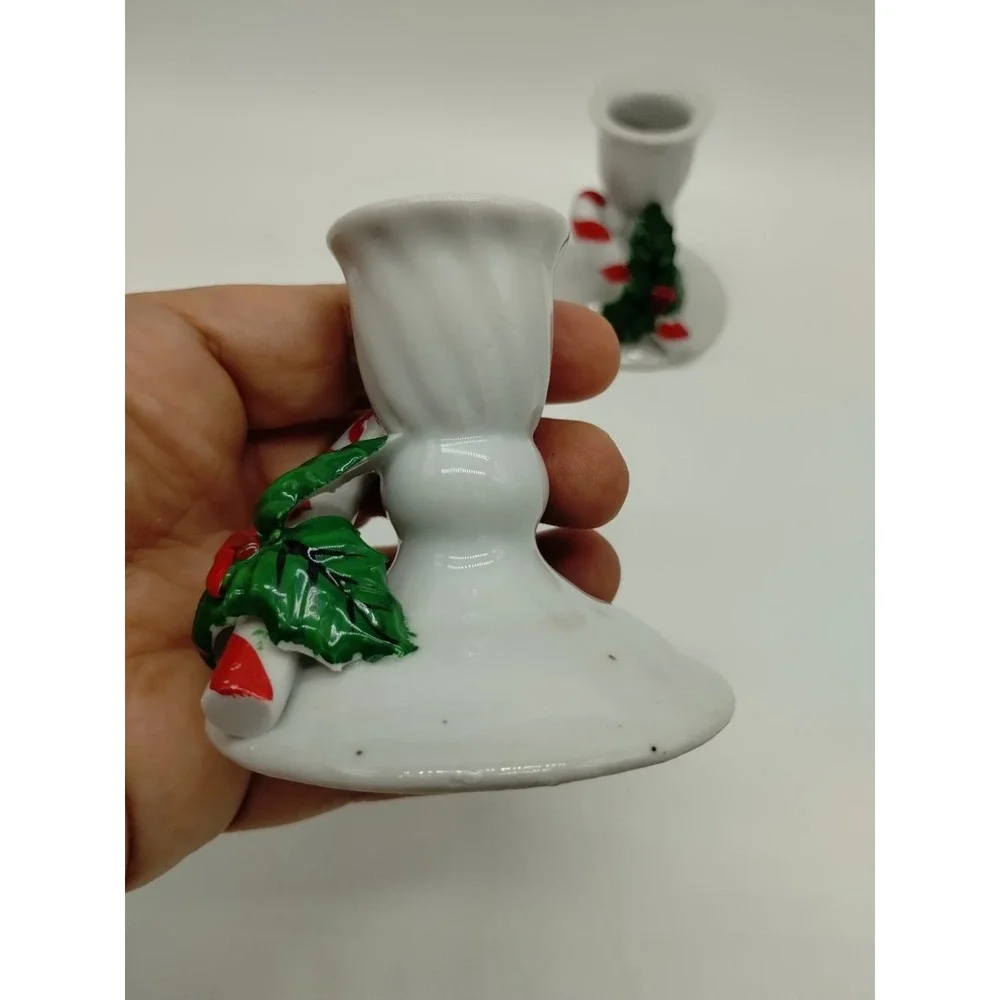 Set Of 2 Christmas Candlesticks Candy Cane Mistletoe White 2.5